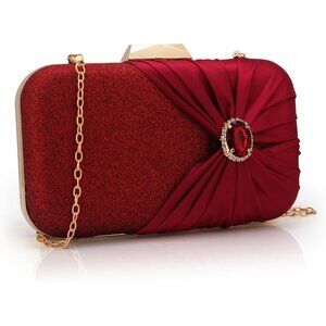 Women Red Glitter Satin Evening Clutch Bag with Rhinestone Decor & Gemstone High